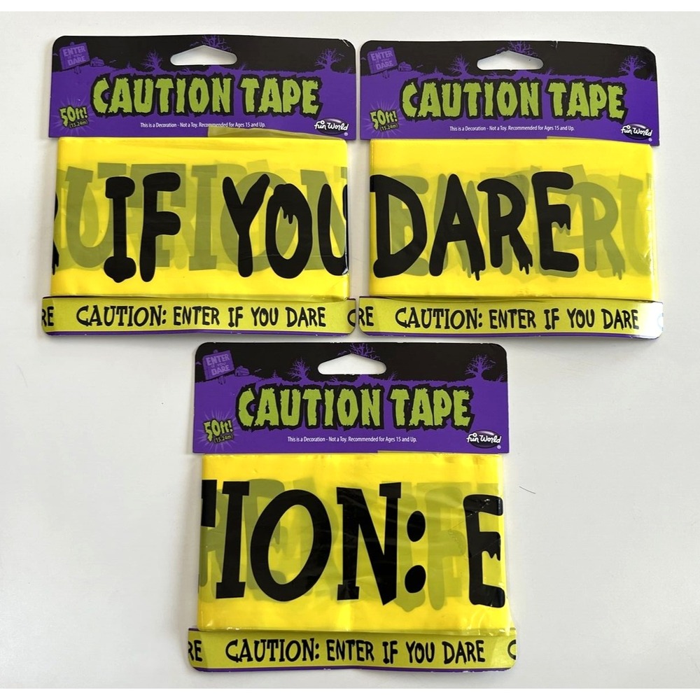 Lot of 3 Fun World Halloween Caution Enter If You Dare 150ft Yellow Tape Decor